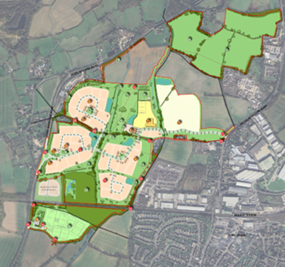 Arial illustration of plans for Meon Vale, Long Marston development