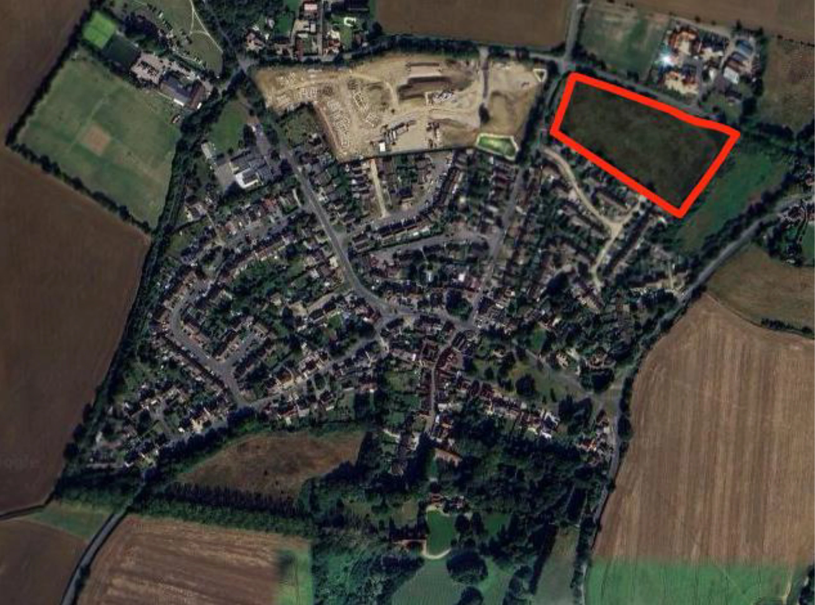 Arial view of where the Red Rose Lane, Blackmore development will be located